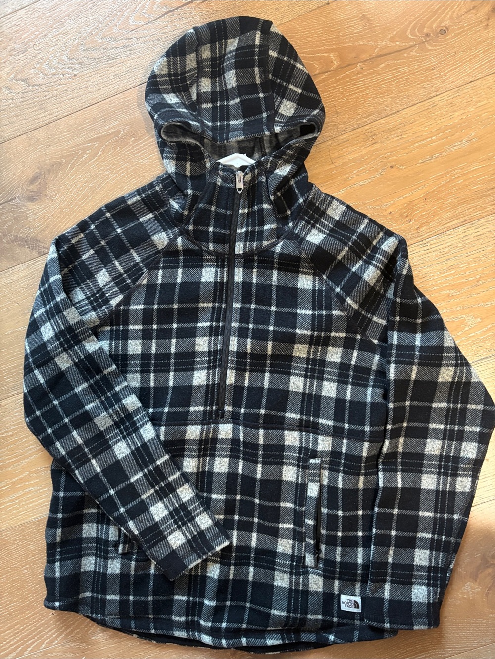 The North Face Black & White Plaid Hooded Zip Jacket